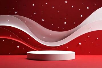 Abstract Studio Background with Curved White Waves and Floating Spheres on Bold Red Surface