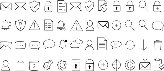 Hand drawn email notification security and user interface icon set with envelopes locks shields bells search and chat symbols