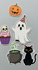 Fototapeta premium Cute Halloween-themed stickers: pumpkin, ghost, cupcake, cauldron, black cat. Illustrative style, perfect for seasonal decorations or party invitations