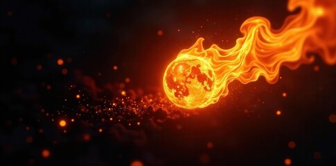 Single blazing fireball, intense orange hues on black , round, power, illustration
