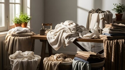 Clean laundry towels and linens arranged on wooden surfaces in natural light
