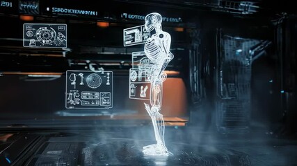 hightech medical environment featuring holographic skeleton and diagnostic interfaces - Powered by Adobe