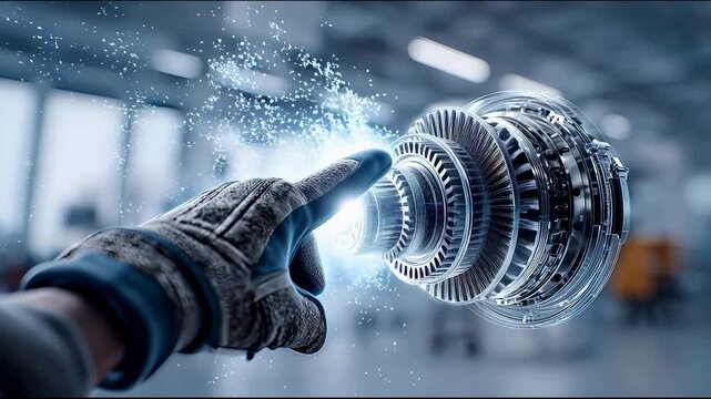 3D render mechanic hand touching turbine engine with freezing ice effect, cryogenic cold testing and aerospace de-icing engineering, liquid nitrogen cooling system and thermodynamics concept video foo