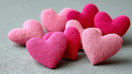 Obraz premium Bright pink felt hearts arranged artistically on a textured surface, showcasing vibrant colors and soft textures, perfect for romantic themes and creative projects with copy space