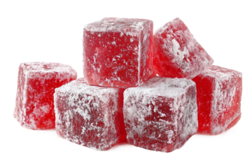 Soft chewy Turkish delight cubes dusted with sugar isolated on transparent background