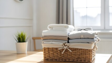 Clean folded laundry in a woven basket on a wooden table near window