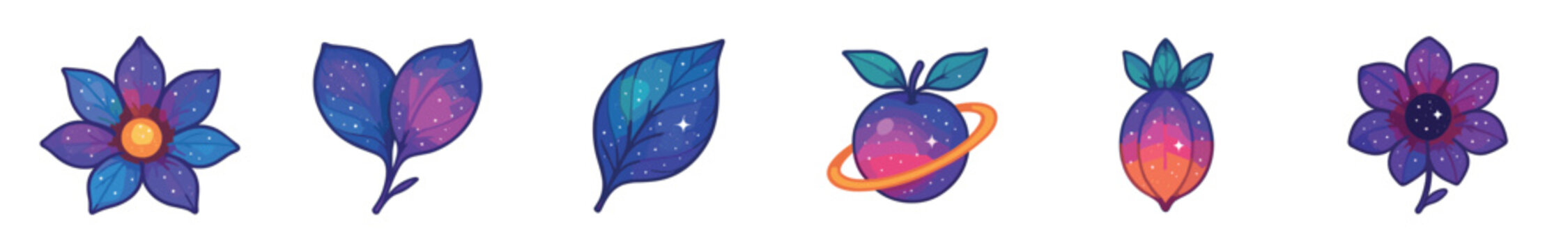 Collection of cosmic fantasy plants with flowers, leaves, and fruit featuring a vibrant galaxy texture with stars, a magical and whimsical set of cartoon vector illustrations