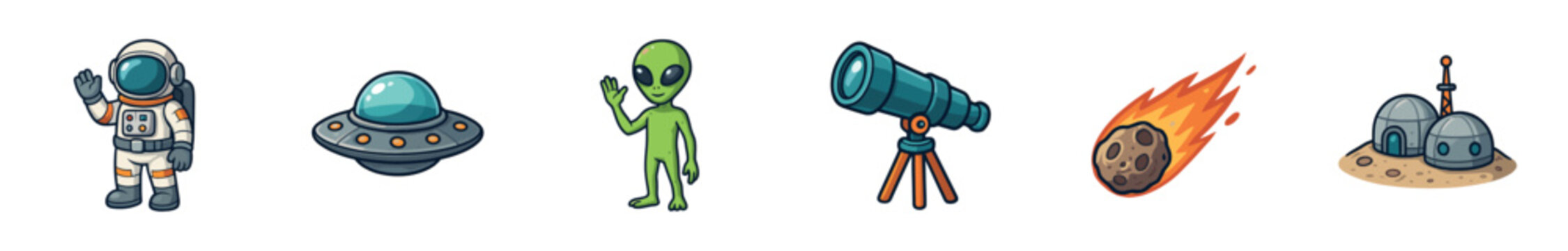 Vibrant collection of cartoon space elements including a waving astronaut, a friendly alien, a flying saucer, a telescope, a fiery asteroid, and a futuristic planetary colony