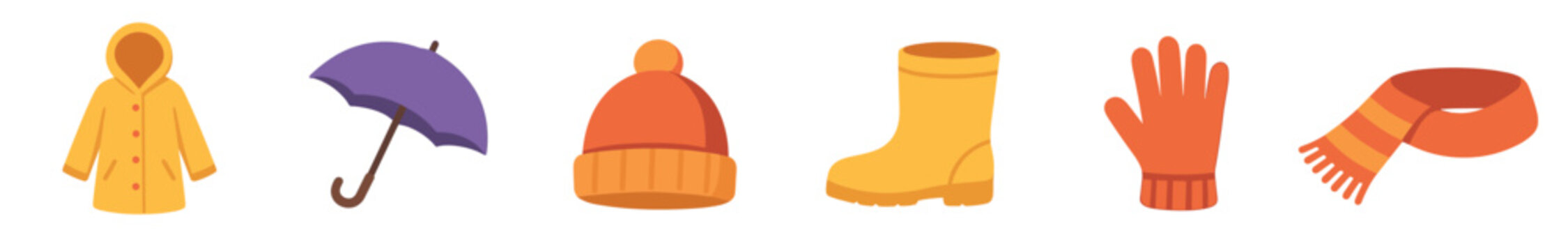 Collection of colorful autumn clothes and accessories including a raincoat, umbrella, hat, boot, glove, and scarf in a flat vector illustration style for seasonal weather concepts