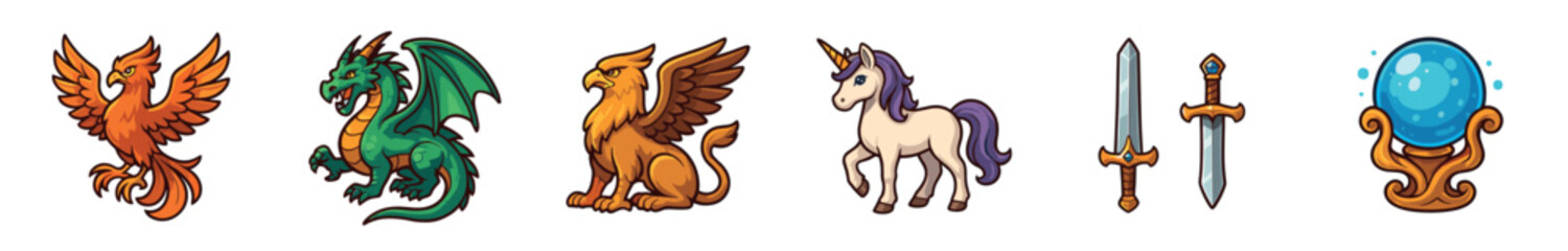Set of colorful fantasy game icons featuring a phoenix, dragon, griffin, unicorn, swords, and a crystal ball, all rendered in a vibrant and detailed cartoon vector style