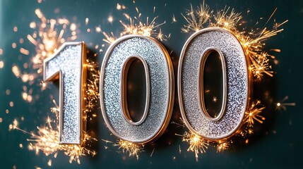 Sparkling Silver 3D 100 Surrounded by Festive Fireworks and Emerald Green Elegance for Celebration