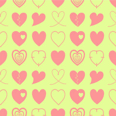 Seamless pattern with pink hearts on green background. Playful romantic background for Valentine&rsquo;s Day design, gift wrap, textile, scrapbook and digital projects.