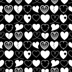 Seamless pattern with hand drawn white hearts on black background. Romantic repeating background for Valentine&rsquo;s Day, love themed design, wrapping paper, textile and branding.