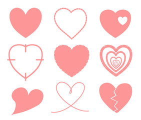 Collection of pink heart icons in different shapes and styles. Romantic clipart set for Valentine&rsquo;s Day cards, love messages, wedding design, social media and branding.