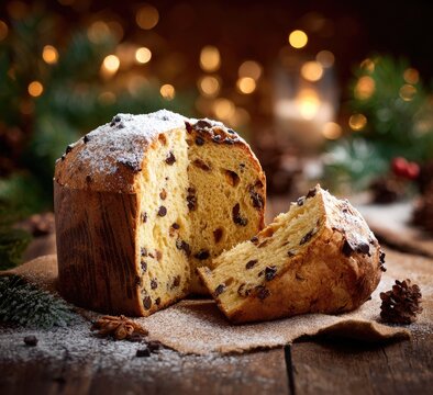 A festive loaf with a slice, dusted with powdered sugar, sits on a wooden surface, holiday lights