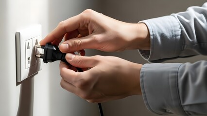 Person plugging electrical cord into wall outlet for power supply