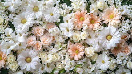 Delicate floral arrangement featuring daisies, roses, and baby's breath in soft hues