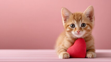 In a warm and inviting space, a playful ginger kitten wraps its paws around a vibrant red heart toy. The adorable scene exudes tenderness and joy, perfect for cat lovers