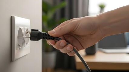 Hand plugging electrical cord into wall socket for power connection
