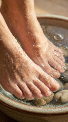 Fototapeta premium Feet soaking in ceramic bowl with stones and bubbles