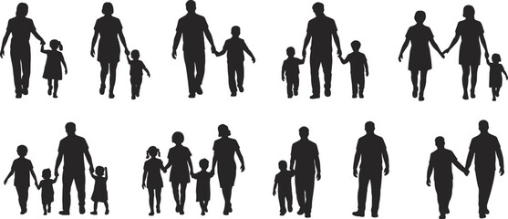 Cartoon family silhouette icon set with diverse adult-child groupings walking hand in hand for lifestyle and relationship themes.