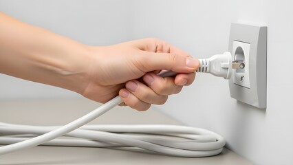 Human hand plugging white electrical cord into wall outlet for power supply