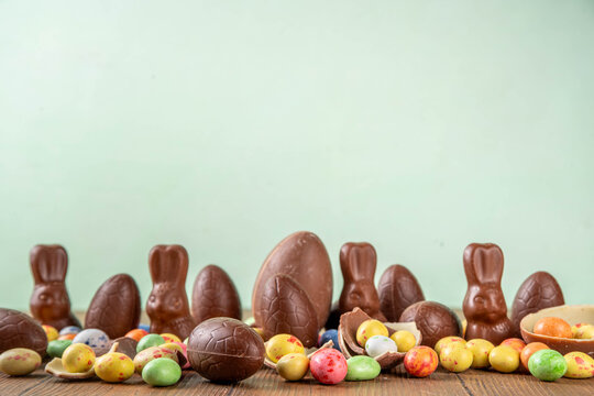 Chocolate bunny and Easter eggs background