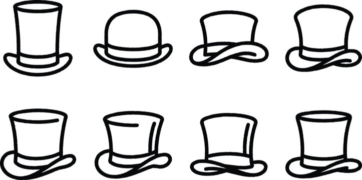 Collection of various top hats in different angles and styles  simple line art illustrations of classic headwear