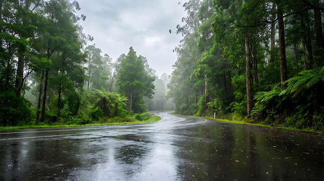 A serene forest road glistens with rainwater surrounded by lush greenery and tall trees - Powered by Adobe