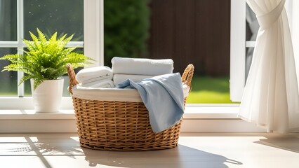 Laundry basket with folded white towels near window with plant