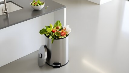 Metal trash can overflowing with fresh produce near a countertop