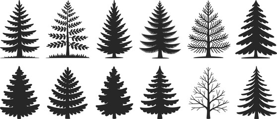 Cartoon tree silhouette icon set with diverse coniferous and deciduous shapes for nature, forest, and landscape design themes. © Sihab Creatives