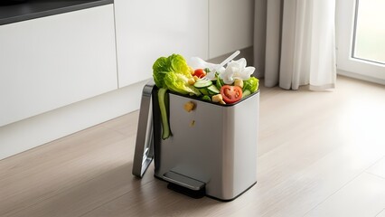 Overflowing kitchen trash can filled with fresh vegetables and food waste