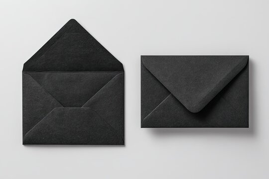Two black envelopes, one open, one closed, on a white background, top view