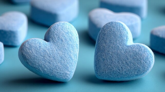 Blue candy conversation hearts arranged artistically on a soft blue background, showcasing ultra-photorealistic details and textures, perfect for Valentine's Day or sweet-themed designs with copy spac