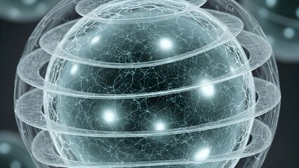 This captivating image features a translucent spherical entity, at its core radiating with a complex, interconnected network of luminous lines and dots. This intricate web could symbolize vast data fl