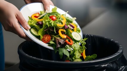 Person discarding salad from plate into a black trash bin