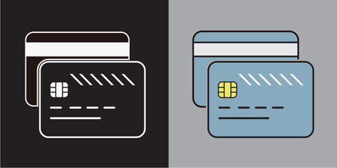 Flat vector illustration of two payment cards, one dark and one light blue, representing secure online financial transactions, digital payments, and modern banking technology