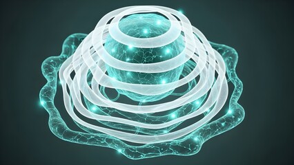 A visually striking abstract image depicting a microscopic or cellular structure, characterized by a central glowing sphere surrounded by concentric translucent rings and an outer, undulating membrane