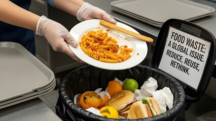 Person disposing of food waste into trash can promoting reduce reuse rethink