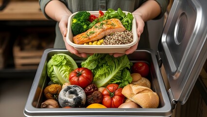 Person holding healthy meal container above a food storage container