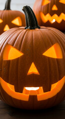 Close-up of illuminated carved pumpkin, classic Halloween symbol, orange, glowing from inside, spooky, festive, autumnal atmosphere