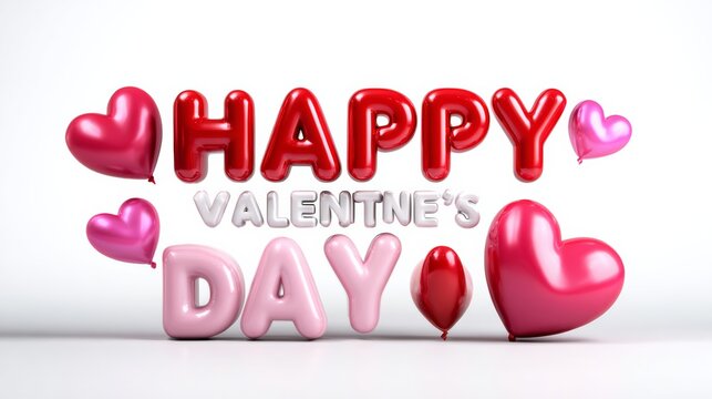3D illustration of bold, shiny text "Happy Valentines Day" in vibrant colors, surrounded by floating hearts, glossy surfaces, and cheerful design elements, perfect for romantic celebrations and festiv
