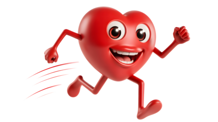 A cheerful red heart character sprints with a wide smile, representing health and vitality isolated on transparent background