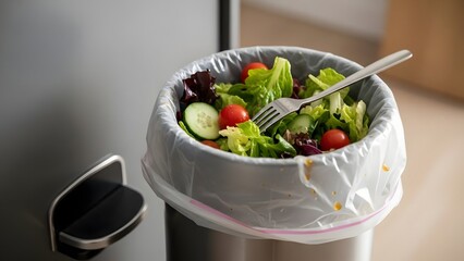 Salad in trash can illustrates food waste concept for editorial or commercial use