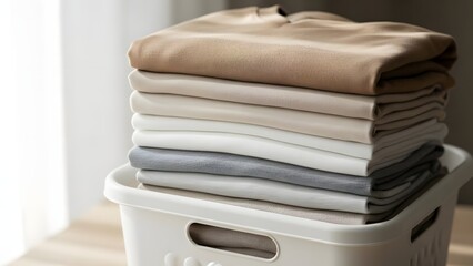 Stack of folded clothing in neutral colors inside a white laundry basket