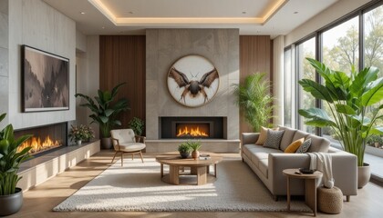 The living room's modern interior features a fireplace, a comfortable sofa, lovely d&eacute;cor, and exotic plants. Modern design