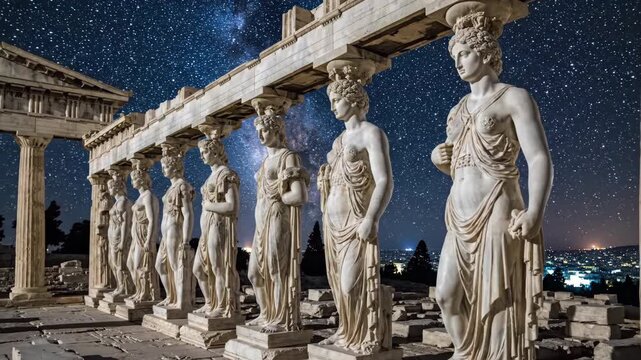 Majestic ancient Greek caryatid statues illuminated at night under a starry sky over Athens. Concept of history and heritage