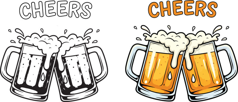 Cheers toasting beer mugs clinking with foam and splashes, black and white outline and color versions