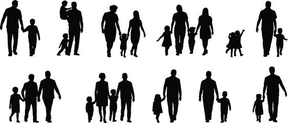 Set of six black family silhouettes showing diverse groupings and interactions, ideal for themes of unity, care, and relationships.